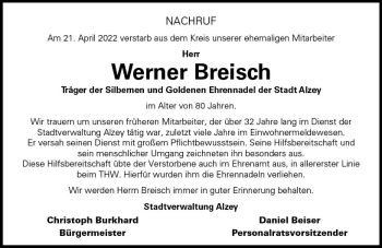 Traueranzeige von Werner Breisch von vrm-trauer Allgemeine Zeitung Alzey
