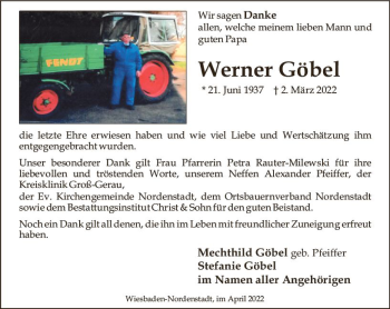Traueranzeige von Werner Göbel von vrm-trauer Wiesbadener Kurier
