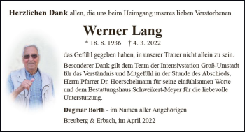 Traueranzeige von Werner Lang von vrm-trauer Odenwälder Echo