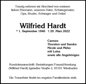 Traueranzeige von Wilfried Hardt von vrm-trauer Wiesbadener Kurier