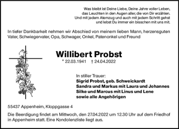 Traueranzeige von Willibert Probst von vrm-trauer Allgemeine  Zeitung Ingelheim-Bingen