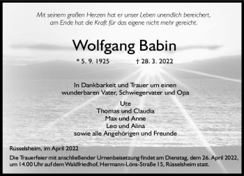 Traueranzeige von Wolfgang Babin von vrm-trauer Rüsselsheimer Echo / MainSpitze
