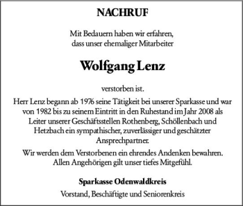 Traueranzeige von Wolfgang Lenz von vrm-trauer Odenwälder Echo