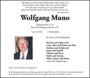 Traueranzeige von Wolfgang Muno von vrm-trauer Wiesbadener Kurier