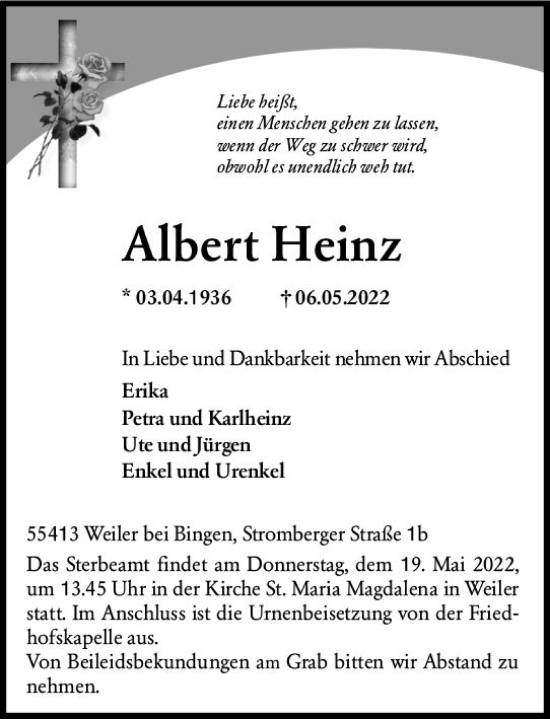Traueranzeige von Albert Heinz von vrm-trauer Allgemeine  Zeitung Ingelheim-Bingen