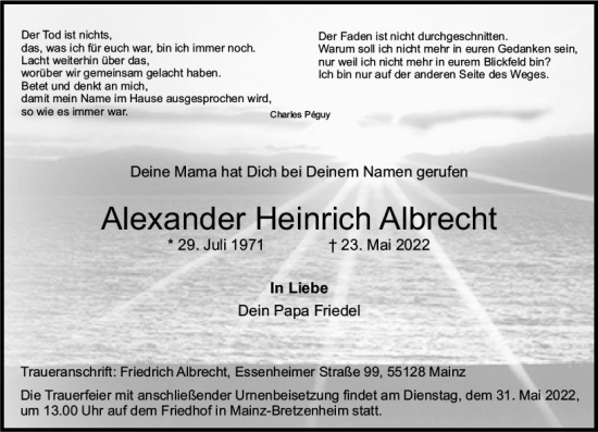 Traueranzeige von Alexander Heinrich Albrecht von vrm-trauer AZ Mainz