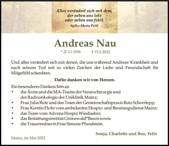 Traueranzeige von Andreas Nau von vrm-trauer AZ Mainz