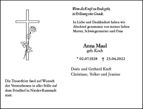 Traueranzeige von Anna Maul von vrm-trauer Darmstädter Echo