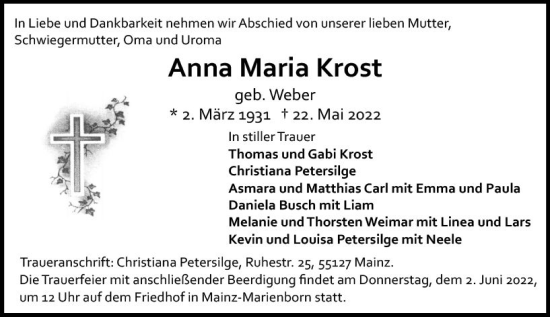 Traueranzeige von Anna Maria Krost von vrm-trauer AZ Mainz
