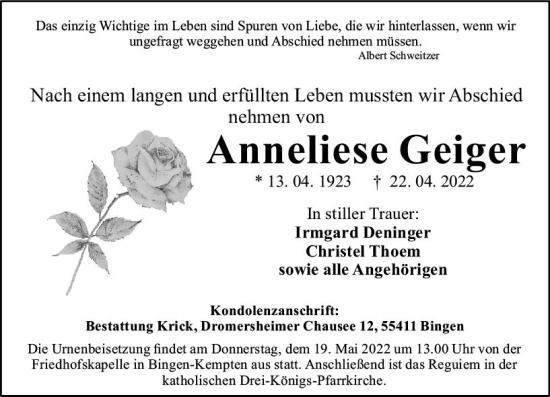 Traueranzeige von Anneliese Geiger von vrm-trauer Allgemeine  Zeitung Ingelheim-Bingen