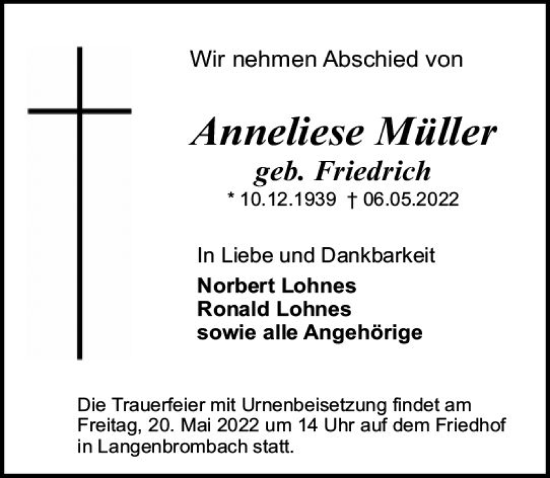 Traueranzeige von Anneliese Müller von vrm-trauer Odenwälder Echo