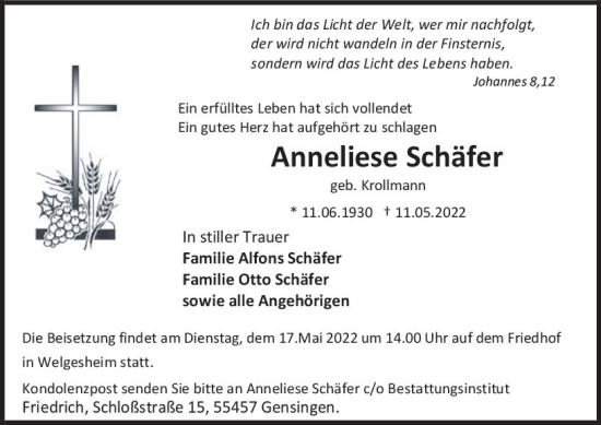 Traueranzeige von Anneliese Schäfer von vrm-trauer Allgemeine  Zeitung Ingelheim-Bingen