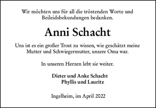 Traueranzeige von Anni Schacht von vrm-trauer Allgemeine  Zeitung Ingelheim-Bingen