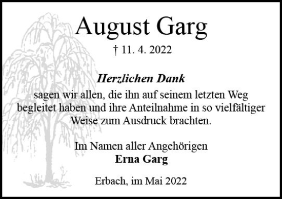 Traueranzeige von August Garg von vrm-trauer Odenwälder Echo