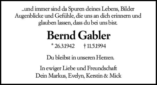 Traueranzeige von Bernd Gabler von vrm-trauer Wiesbadener Kurier