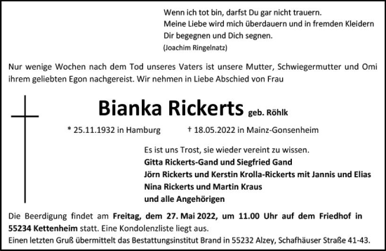 Traueranzeige von Bianka Rickerts von vrm-trauer Allgemeine Zeitung Alzey
