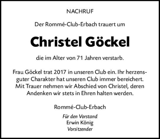 Traueranzeige von Christel Göckel von vrm-trauer Odenwälder Echo