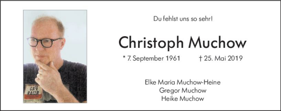Traueranzeige von Christoph Muchow von vrm-trauer Wiesbadener Kurier
