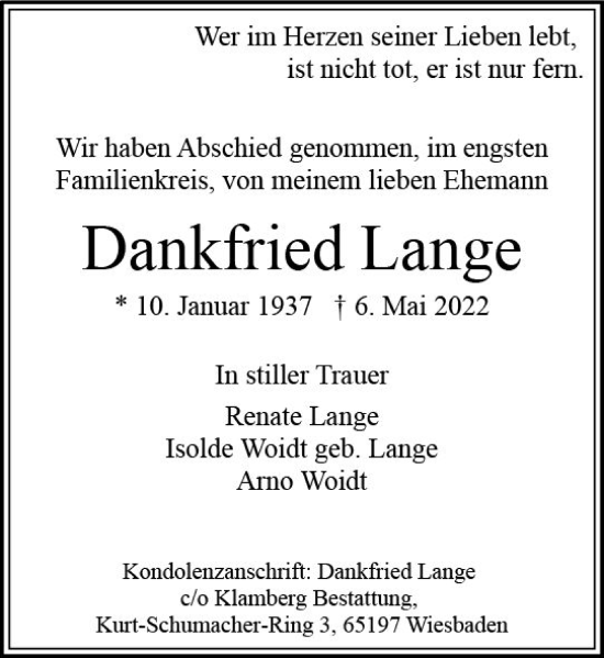 Traueranzeige von Dankfried Lange von vrm-trauer Wiesbadener Kurier