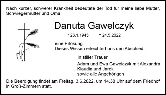 Traueranzeige von Danuta Gawelczyk von vrm-trauer DieburgerAnzeiger/Groß-Zimmerner Lokala