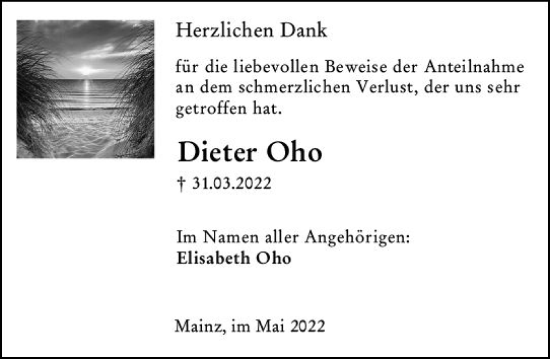 Traueranzeige von Dieter Oho von vrm-trauer AZ Mainz