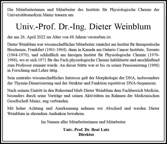 Traueranzeige von Dieter Weinblum von vrm-trauer AZ Mainz