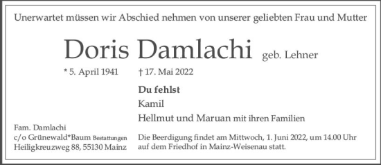 Traueranzeige von Doris Damlachi von vrm-trauer AZ Mainz