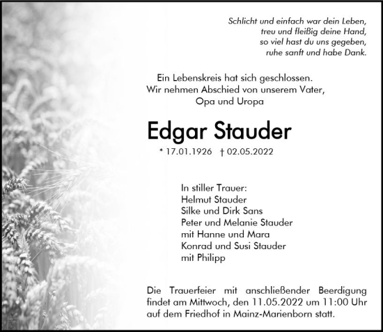 Traueranzeige von Edgar Stauder von vrm-trauer AZ Mainz