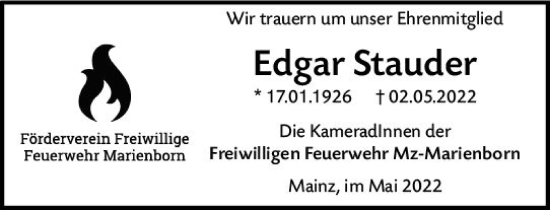 Traueranzeige von Edgar Stauder von vrm-trauer AZ Mainz