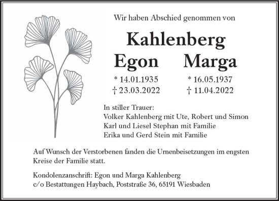 Traueranzeige von Egon Kahlenberg von vrm-trauer Wiesbadener Kurier
