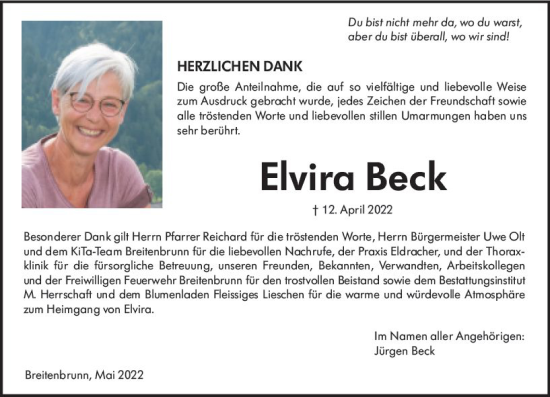 Traueranzeige von Elvira Beck von vrm-trauer Odenwälder Echo