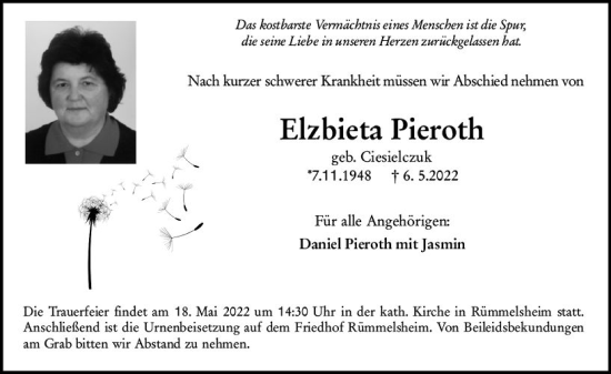 Traueranzeige von Elzbieta Pieroth von vrm-trauer Allgemeine  Zeitung Ingelheim-Bingen