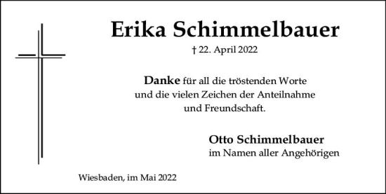 Traueranzeige von Erika Schimmelbauer von vrm-trauer Wiesbadener Kurier