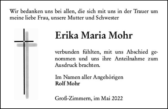 Traueranzeige von Erika Maria Mohr von vrm-trauer DieburgerAnzeiger/Groß-Zimmerner Lokala