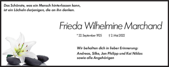 Traueranzeige von Frieda Wilhelmine Marchand von vrm-trauer AZ Mainz