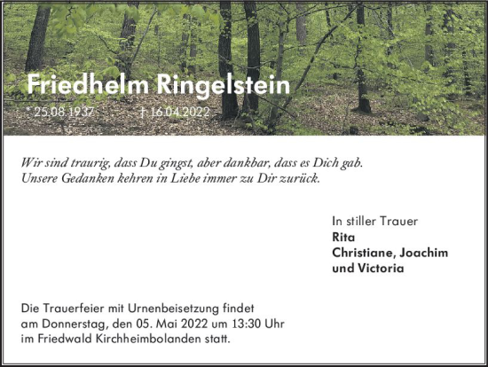 Traueranzeige von Friedhelm Ringelstein von vrm-trauer Wormser Zeitung