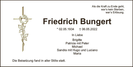 Traueranzeige von Friedrich Bungert von vrm-trauer Allgemeine  Zeitung Ingelheim-Bingen