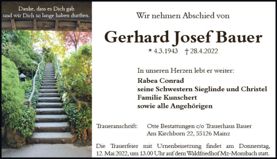 Traueranzeige von Gerhard Josef Bauer von vrm-trauer AZ Mainz