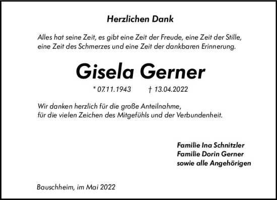 Traueranzeige von Gisela Gerner von vrm-trauer Rüsselsheimer Echo / MainSpitze