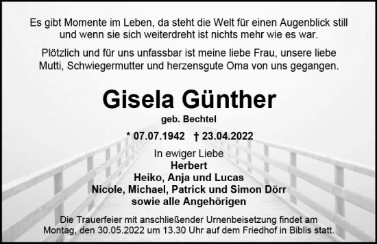 Traueranzeige von Gisela Günther von vrm-trauer Wormser Zeitung