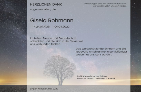 Traueranzeige von Gisela Rohmann von vrm-trauer Allgemeine  Zeitung Ingelheim-Bingen