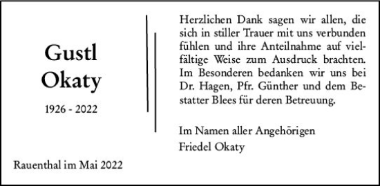Traueranzeige von Gustl Okaty von vrm-trauer Wiesbadener Kurier