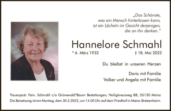 Traueranzeige von Hannelore Schmahl von vrm-trauer AZ Mainz