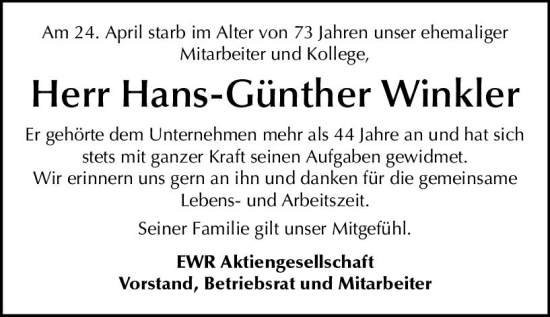 Traueranzeige von Hans-Günther Winkler von vrm-trauer Wormser Zeitung