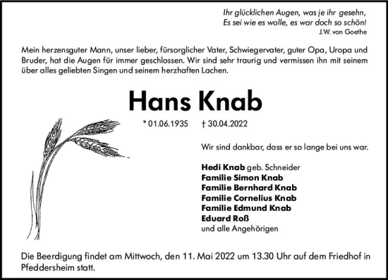 Traueranzeige von Hans Knab von vrm-trauer Wormser Zeitung