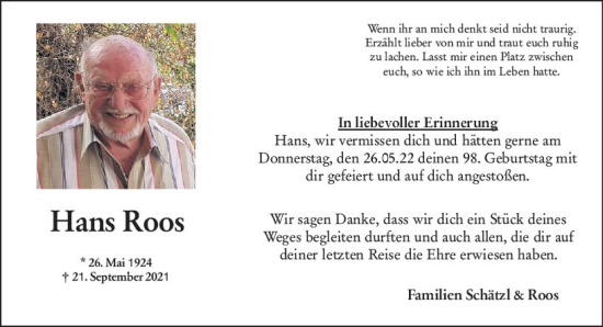 Traueranzeige von Hans Roos von vrm-trauer Allgemeine  Zeitung Ingelheim-Bingen