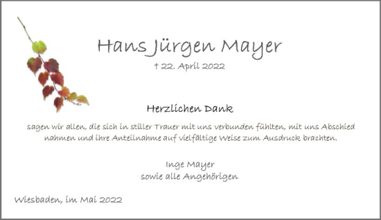 Traueranzeige von Hans Jürgen Mayer von vrm-trauer Wiesbadener Kurier