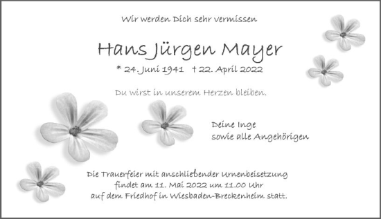Traueranzeige von Hans Jürgen Mayer von vrm-trauer Wiesbadener Kurier