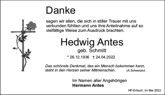 Traueranzeige von Hedwig Antes von vrm-trauer Bürstädter/Lamperth. Ztg/Starkenburger