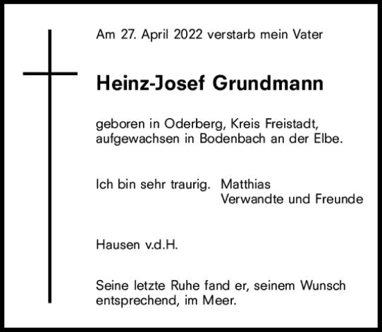 Traueranzeige von Heinz-Josef Grundmann von vrm-trauer WK-UTA